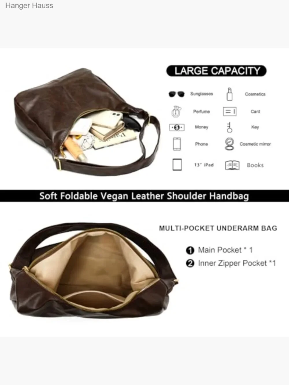 Slouchy Vegan Leather Shoulder Bag, Trendy Crossbody Hobo Tote